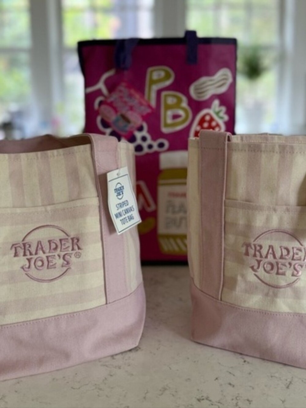 NWT-Trader Joe's  2 Pink Light Lavender Mini Tote Bags With Reusable P&J Bag